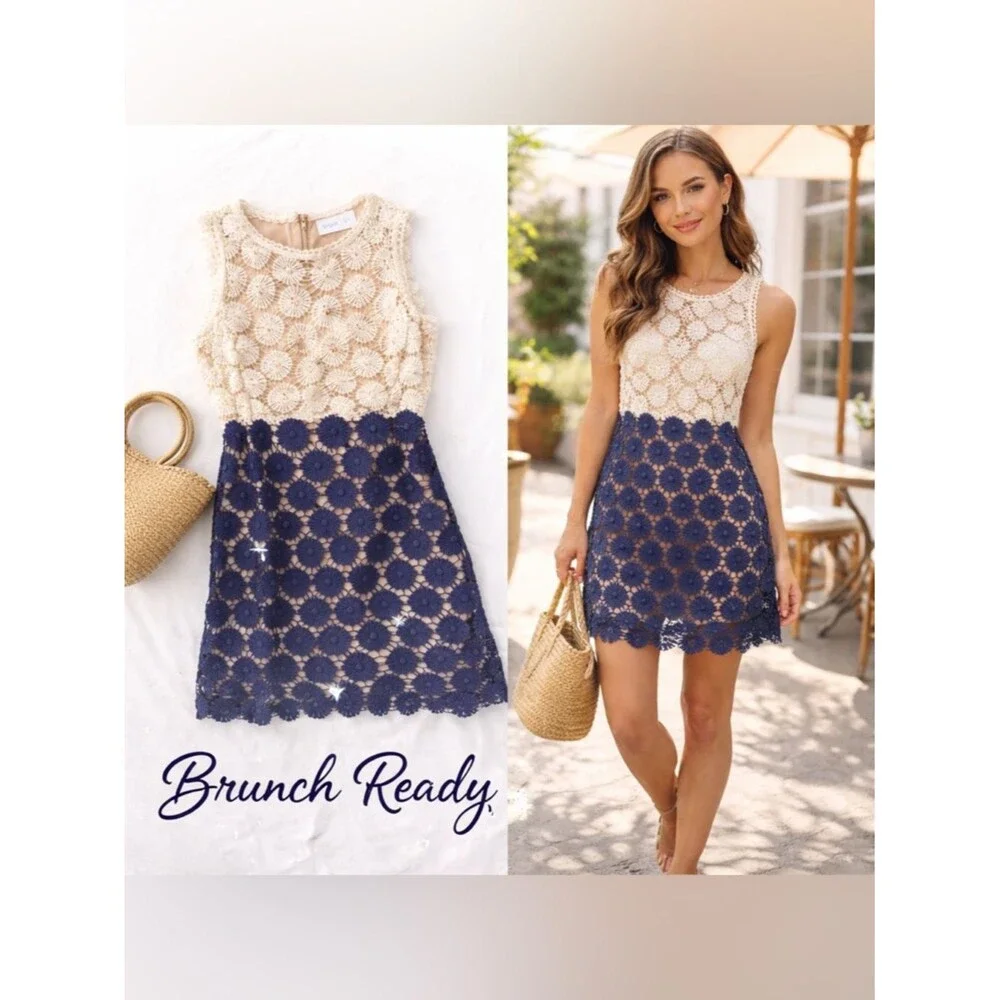 Coquette Girl Crochet Lace Dress Navy Cream Boutique Summer Brunch Date S Chic - Picture 4 of 8